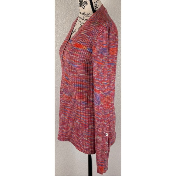 Sundance Multi Color Ribbed Henley Long Sleeve Lettuce Hem Buttons, size Medium - Picture 4 of 8